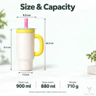 Abmessungen des Strohhalm-Tumblers: 900 ml/880 ml Fassungsvermögen und 710 g Gewicht