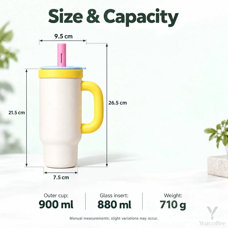 Abmessungen des Strohhalm-Tumblers: 900 ml/880 ml Fassungsvermögen und 710 g Gewicht