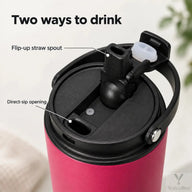 Close-up of the flip-up straw spout and separate direct-sip opening on the tumbler lid