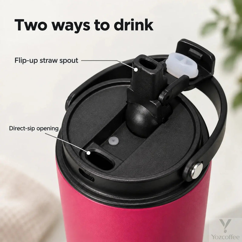 Close-up of the flip-up straw spout and separate direct-sip opening on the tumbler lid