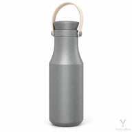 Gray Yozcoffee insulated stainless steel bottle with beige carry handle on white