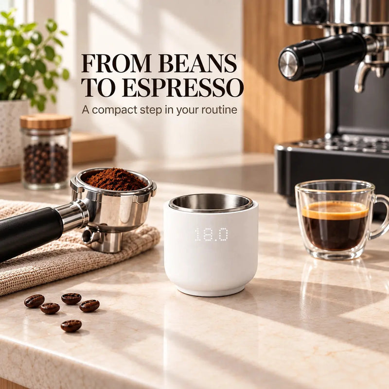 White dosing cup scale on an espresso counter