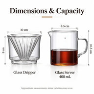 Afmetingen van de glazen kegeldripper en karaf van 400 ml