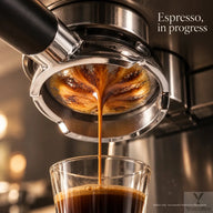 Espresso flowing through the Yozcoffee 58mm rounded filter basket in a bottomless portafilter into a glass