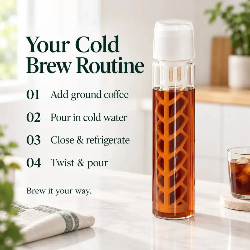 Stappen voor het zetten van cold brew met de glazen fles