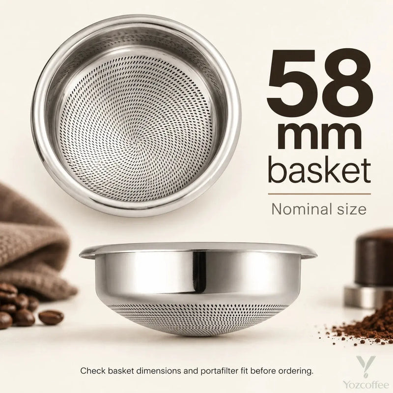 Interior and side views of the Yozcoffee espresso filter basket labeled 58mm nominal size