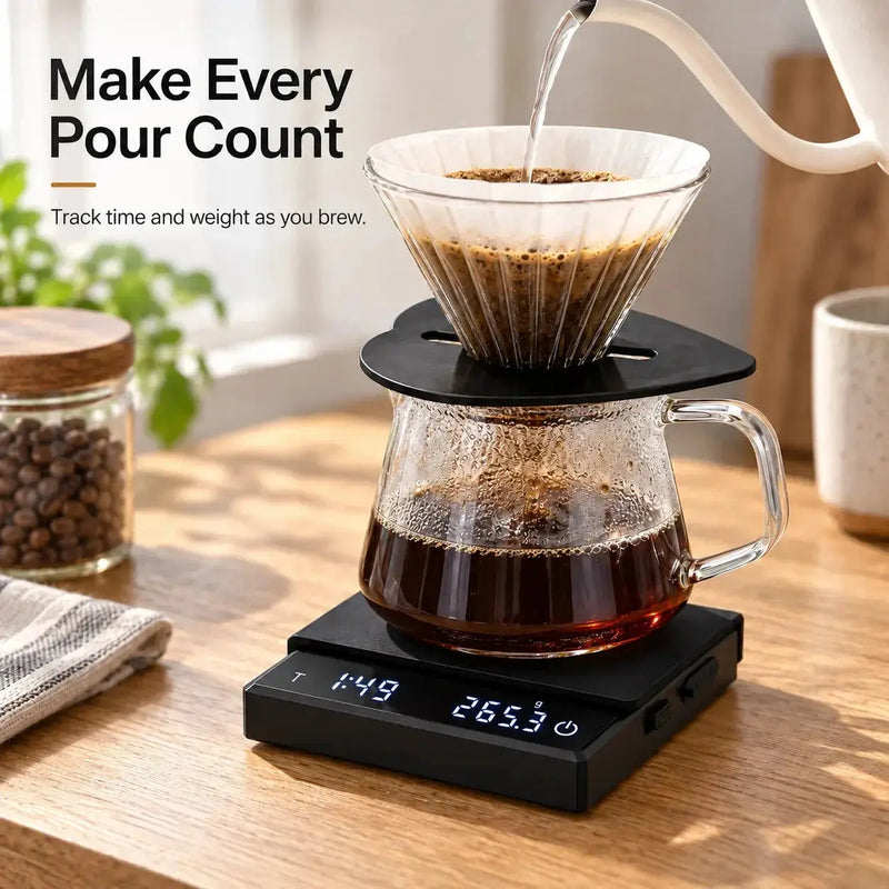 Mini-espressoweegschaal meet de zettijd van pour-overkoffie