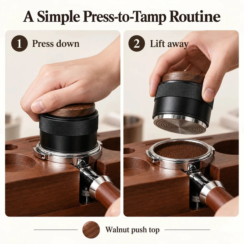 Press down and lift away usage steps for black walnut espresso tamper