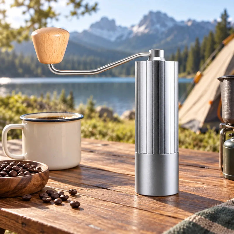 Silver manual coffee grinder used outdoors