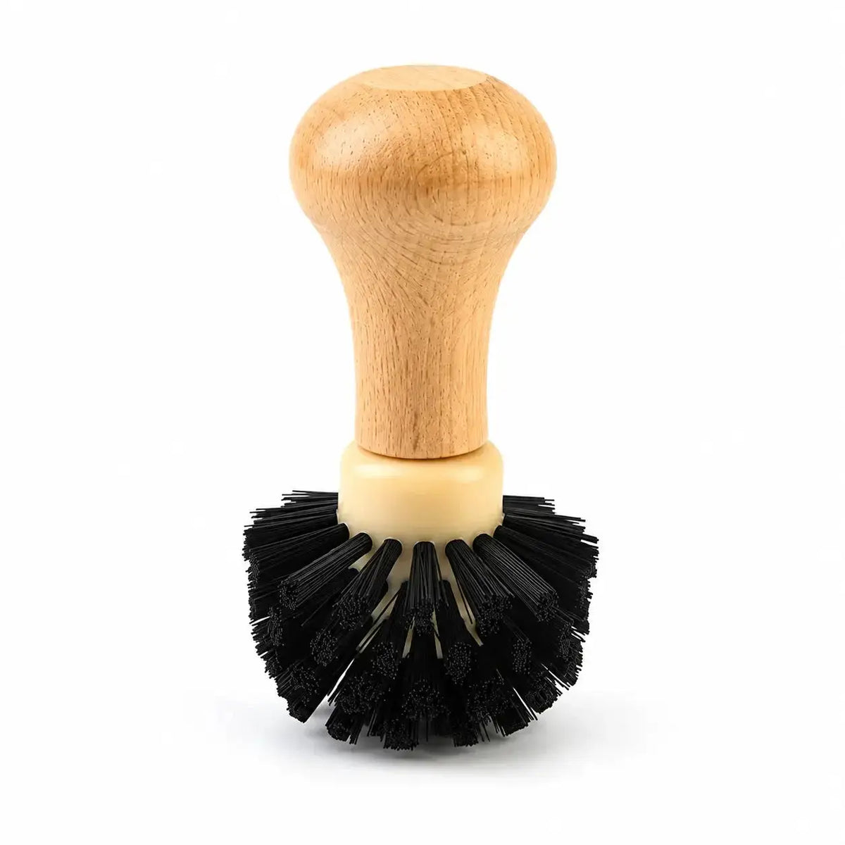Portafilter cleaning brush with nylon bristles and wooden handle