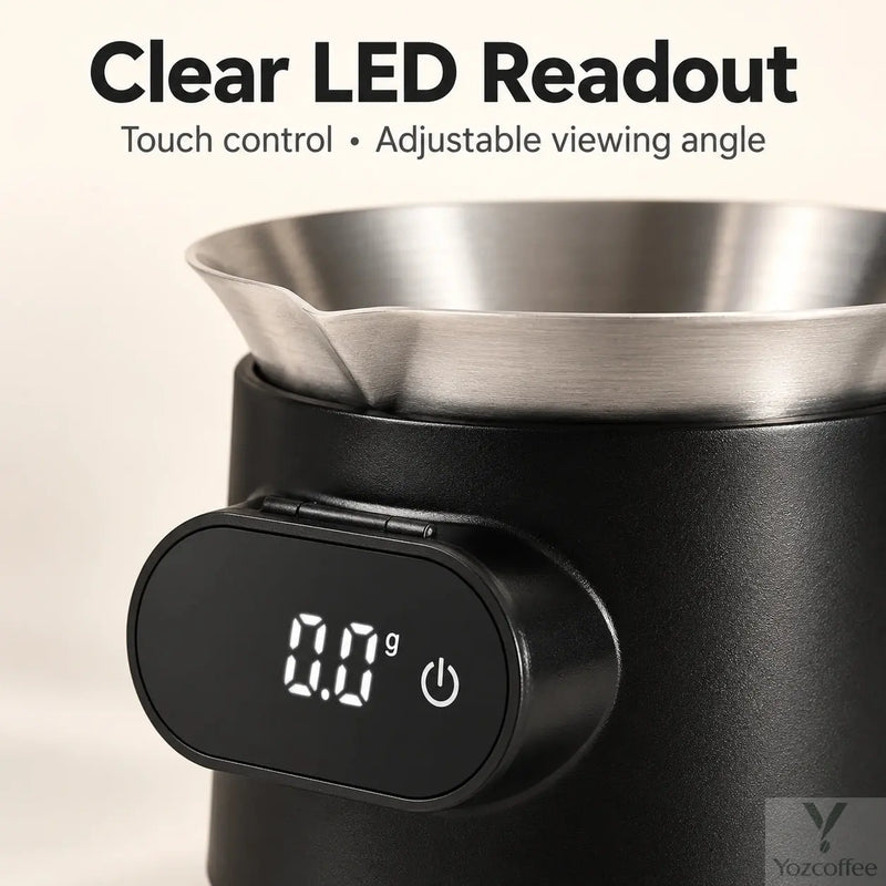Close-up of the hinged LED weight display and touch power control on the Yozcoffee cup scale