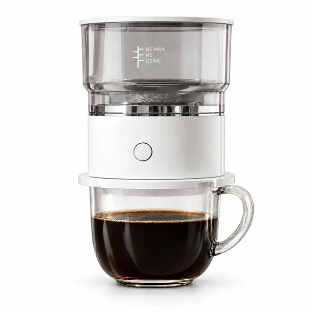 Automatisch pour-over-koffiezetapparaat 160 ml – voor één kop, werkt op batterijen, herbruikbaar stalen filter