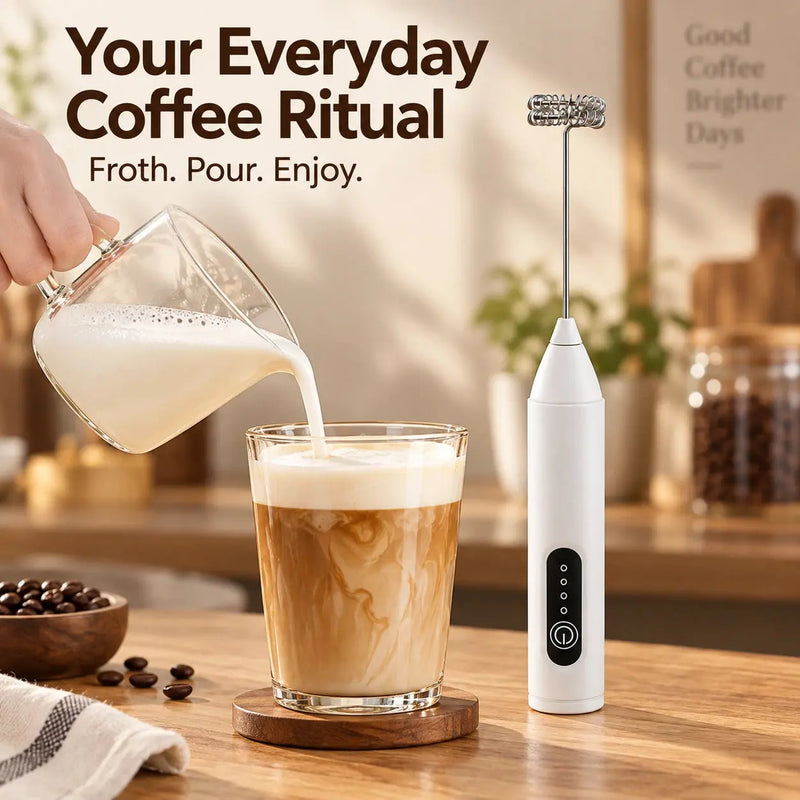 完成したコーヒードリンクを添えたハンディミルクフォーマー