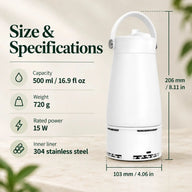500ml cup specifications: 103 by 206mm, 720g, 15W and 304 stainless steel liner