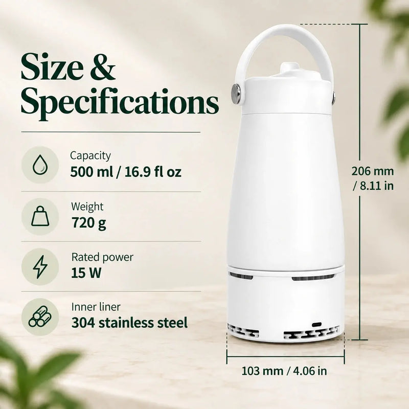 500ml cup specifications: 103 by 206mm, 720g, 15W and 304 stainless steel liner