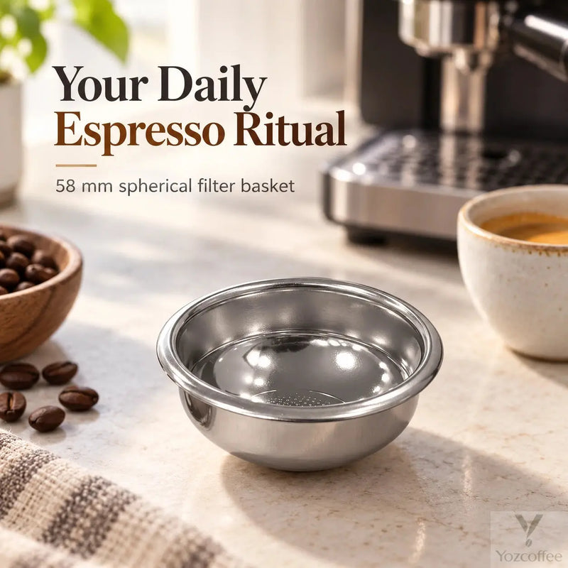 Rounded 58mm espresso basket on a home coffee counter beside a cup and espresso machine