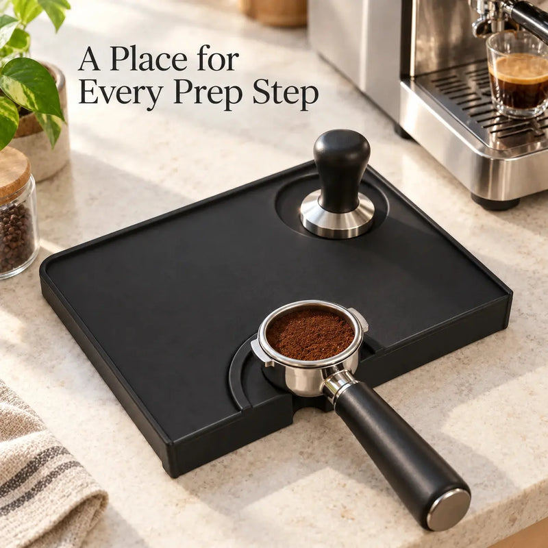 Silicone tamping mat at a home espresso station