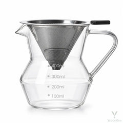 Glass Pour-Over Coffee Maker – 400ml (14oz), Reusable 304 Stainless Steel Filter, Glass Handle