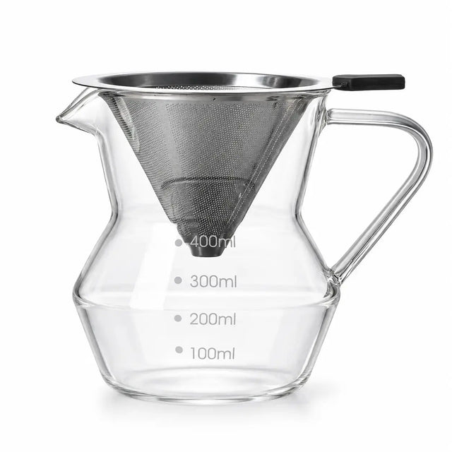 Cafetière à piston verseur en verre avec poignée en verre – 400 ml, filtre réutilisable en acier inoxydable 304
