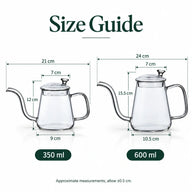 Afmetingen van de glazen zwanenhalsketels van 350 ml en 600 ml, inclusief breedte, hoogte, opening en bodem