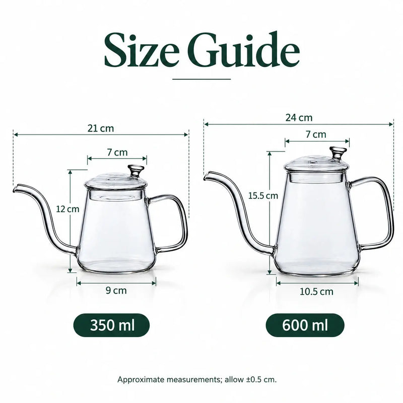 Afmetingen van de glazen zwanenhalsketels van 350 ml en 600 ml, inclusief breedte, hoogte, opening en bodem