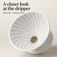 Close-up of the spiral-ribbed ceramic cone dripper