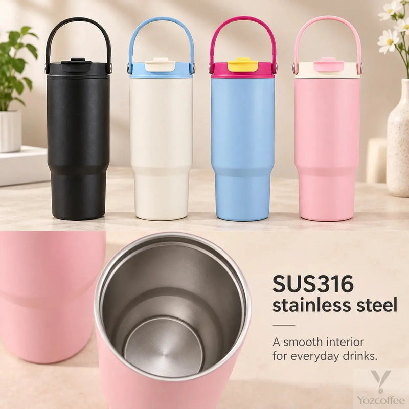Open pink tumbler showing the smooth SUS316 stainless steel interior