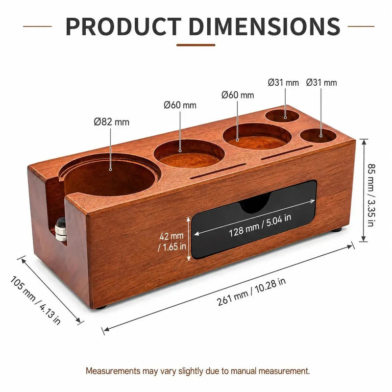 Abmessungen des Massivholz-Espresso-Organizers: 26,1 × 10,5 cm