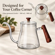 우드 손잡이와 뚜껑 노브를 갖춘 Yozcoffee 투명 유리 구스넥 케틀의 측면과 위에서 본 모습