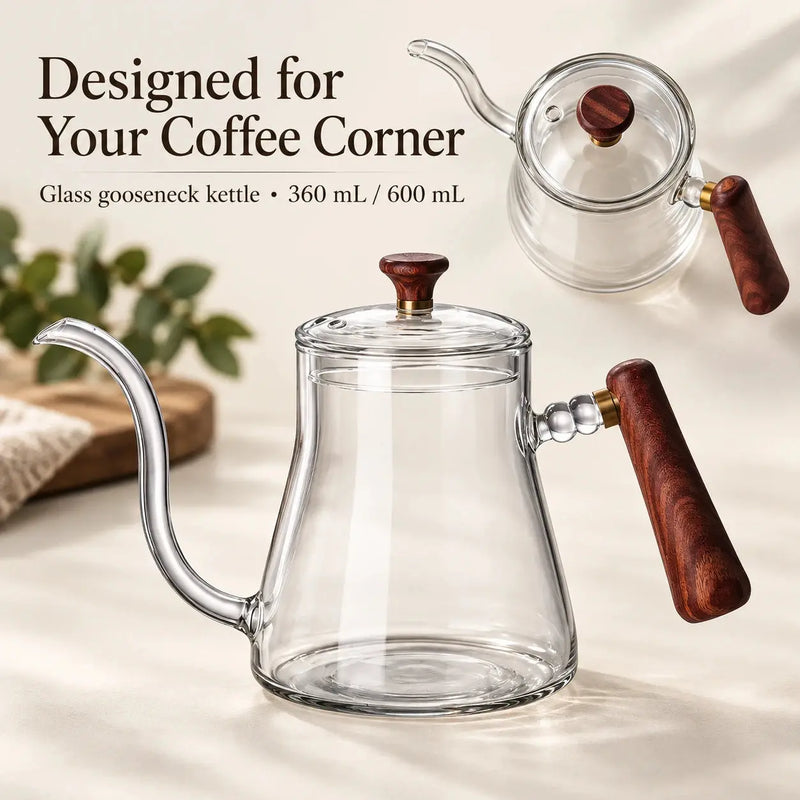 우드 손잡이와 뚜껑 노브를 갖춘 Yozcoffee 투명 유리 구스넥 케틀의 측면과 위에서 본 모습