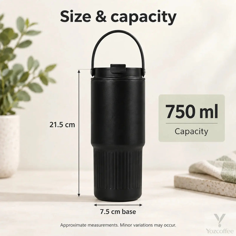 750ml tumbler dimensions: approximately 21.5cm to the lid and 7.5cm across the base