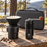 Black travel pour-over set on a camping trip