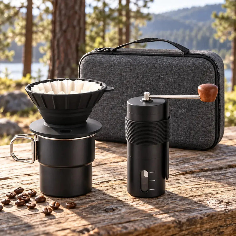 Black travel pour-over set on a camping trip
