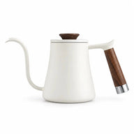 Hervidor blanco de cuello de cisne para café de filtro con asa de aspecto de madera