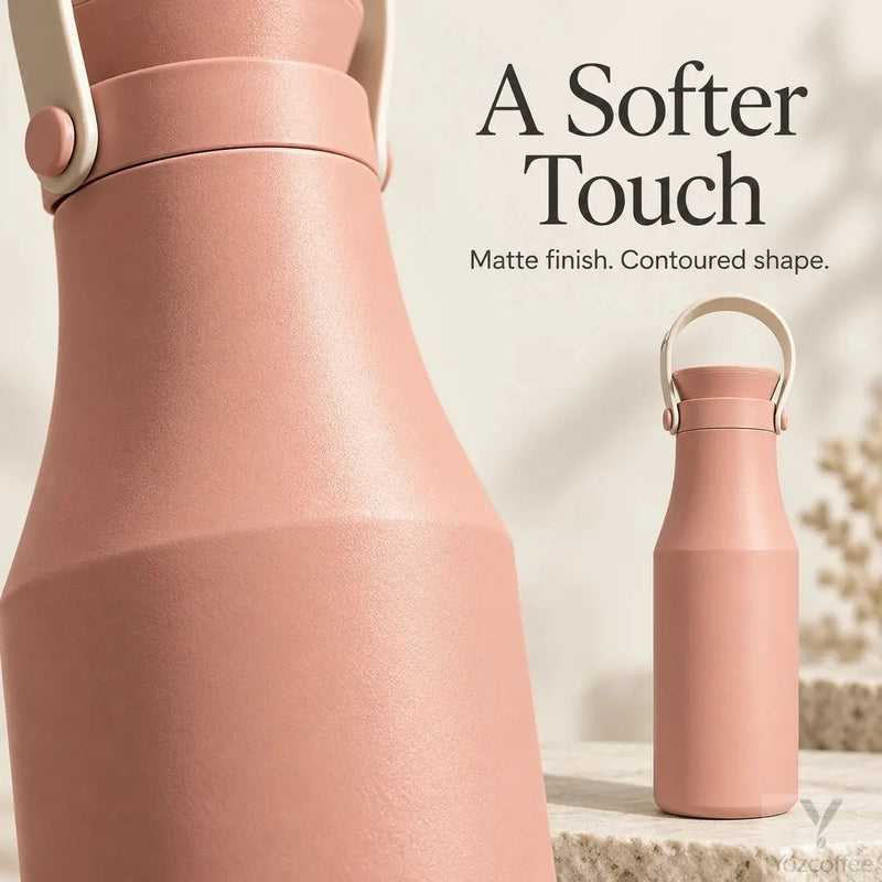 Close-up of the peach bottle's matte finish and contoured shoulder