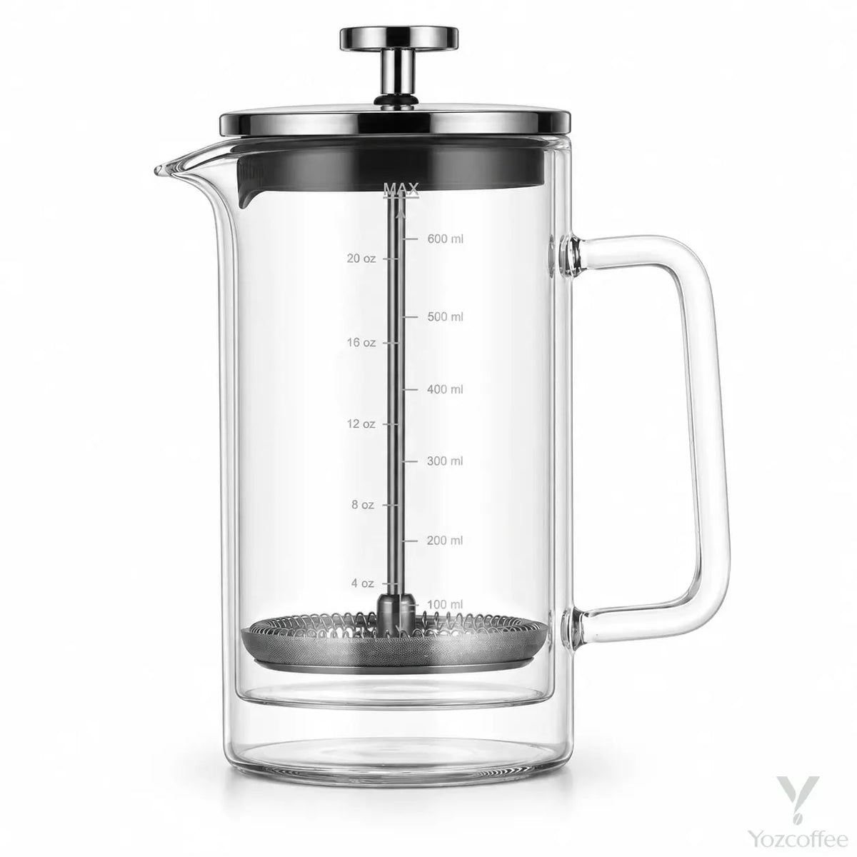 Prensa francesa de vidrio de doble pared de 600 ml con filtro de malla de acero inoxidable