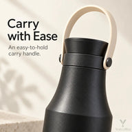 Black bottle lid and beige carry handle with round side pivots