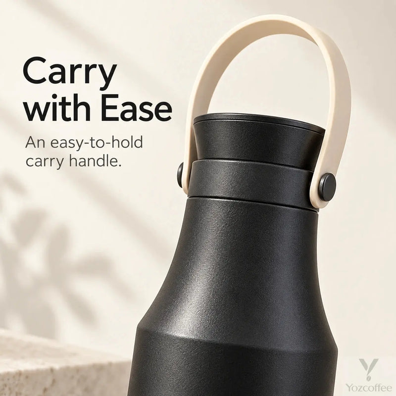 Black bottle lid and beige carry handle with round side pivots