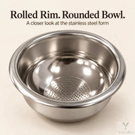 Rolled rim and curved interior of the Yozcoffee stainless steel espresso filter basket