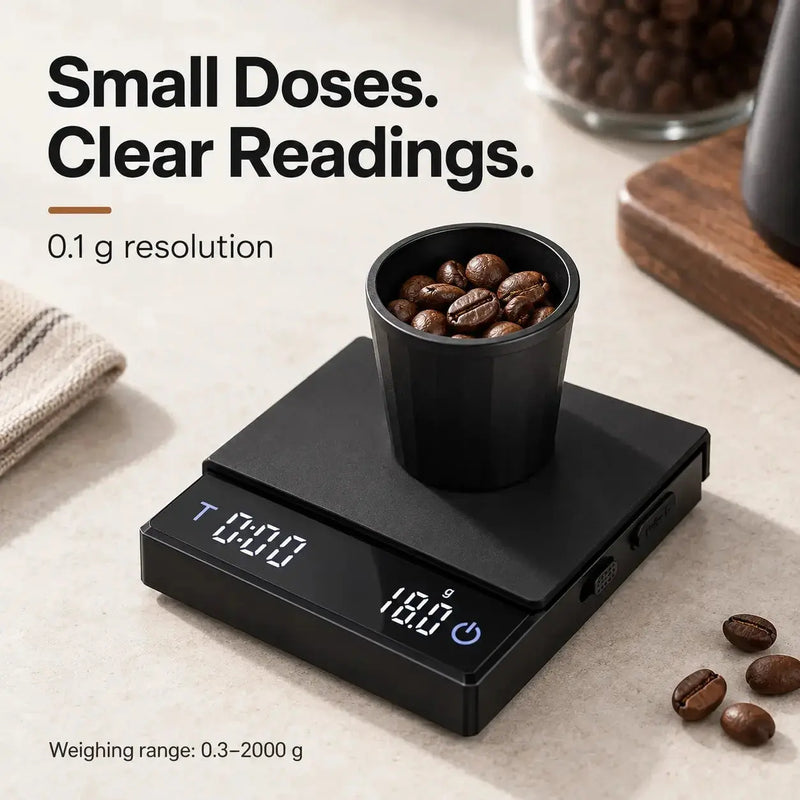 Koffiebonen wegen op de miniweegschaal met een precisie van 0,1 g