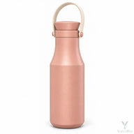 Peach Yozcoffee insulated stainless steel bottle with beige carry handle on white