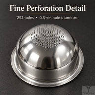 Close-up of the rounded basket underside with the central perforation area; specified as 292 holes of 0.3mm