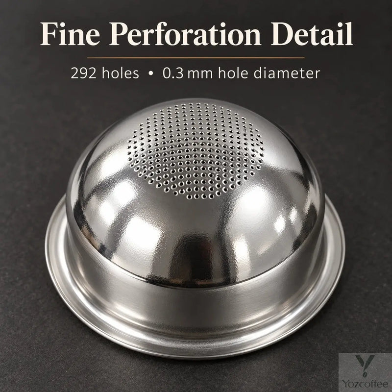 Close-up of the rounded basket underside with the central perforation area; specified as 292 holes of 0.3mm