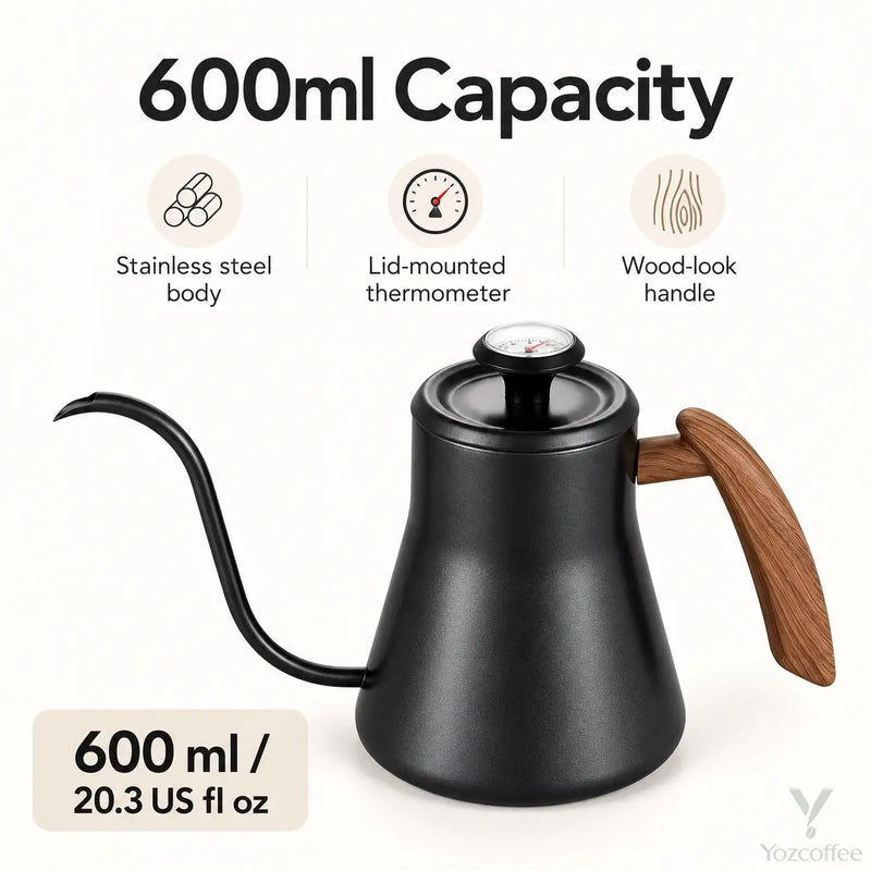 Yozcoffee gooseneck kettle capacity of 600ml or 20.3 US fluid ounces