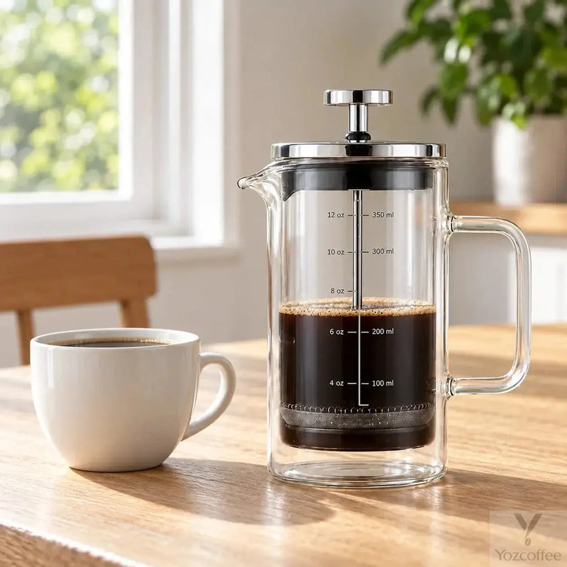 Prensa francesa de vidrio de doble pared de 350 ml en un entorno de café