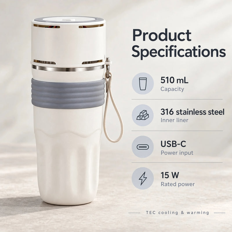 510ml TEC 트래블 머그 사양: 316 스테인리스 스틸 라이너, USB-C 전원 입력, 정격 출력 15W