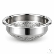 Yozcoffee 58mm silver espresso filter basket with a rounded perforated base on a white background