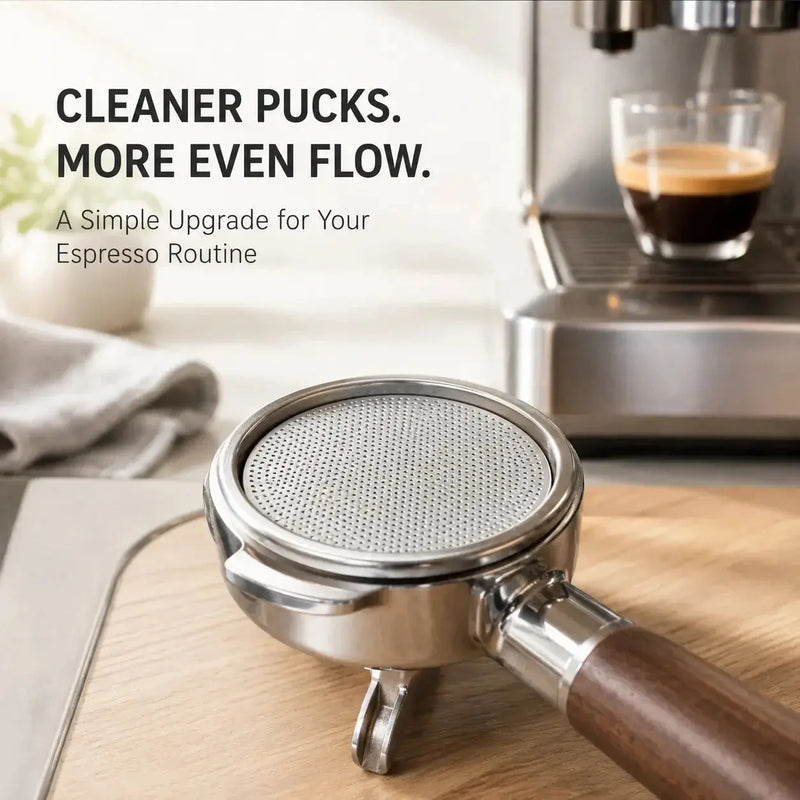 Puck screen con un portafiltro en una zona doméstica de preparación de espresso