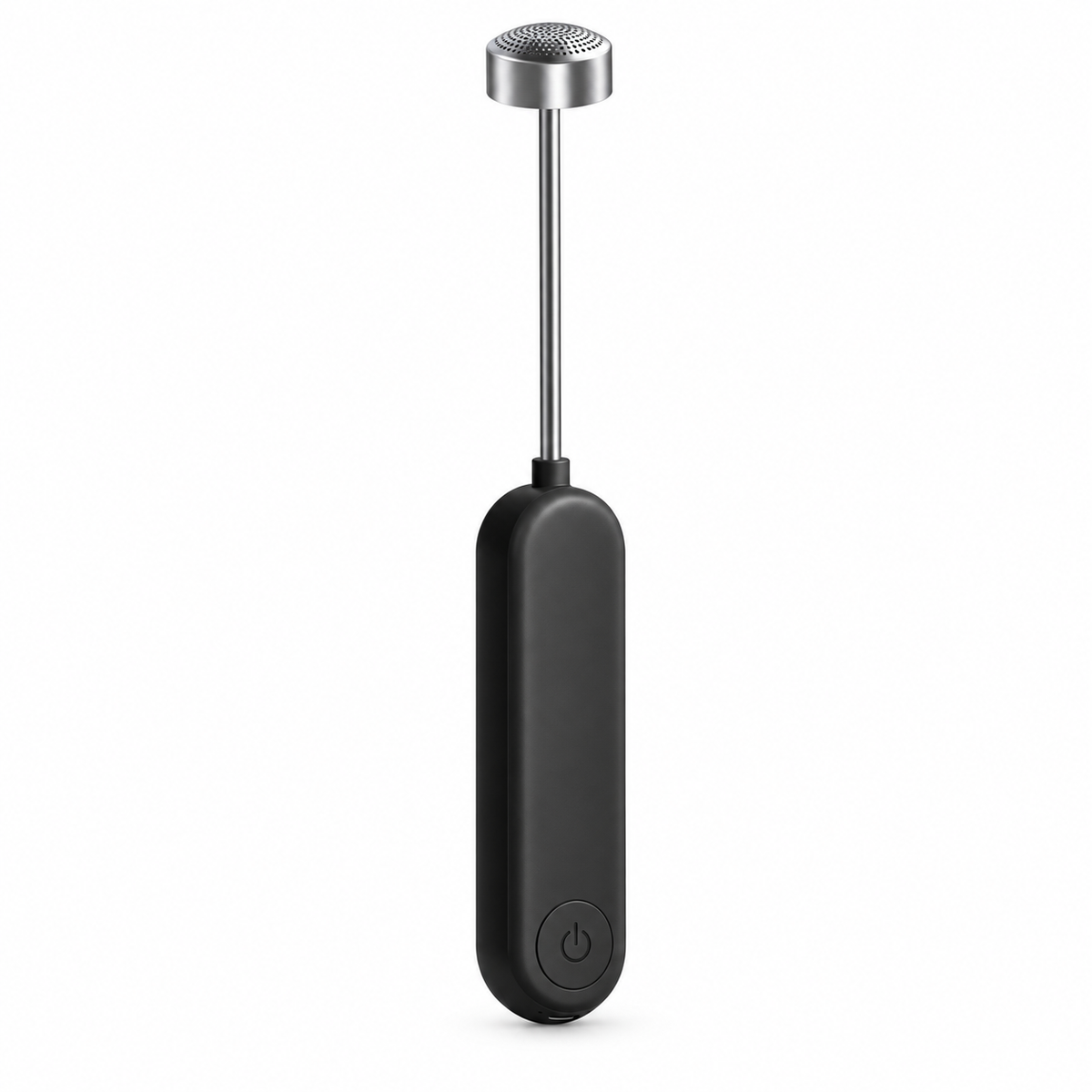 Black USB-C rechargeable handheld milk frother with perforated metal frothing head on white background