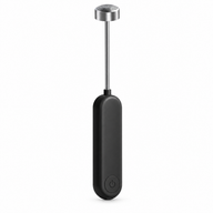 Black USB-C rechargeable handheld milk frother with perforated metal frothing head on white background
